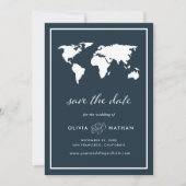 Donkerblauwe Wereldkaart | Elegant Travel Theme We Save The Date (Voorkant)