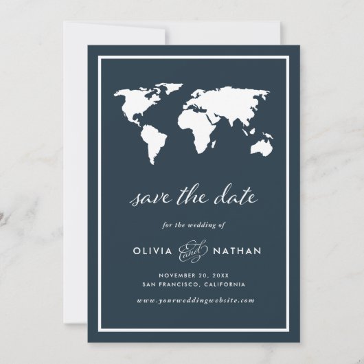 Donkerblauwe Wereldkaart | Elegant Travel Theme We Save The Date (Voorkant)