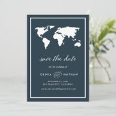 Donkerblauwe Wereldkaart | Elegant Travel Theme We Save The Date (Staand voorkant)