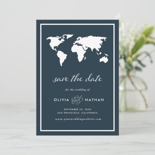 Donkerblauwe Wereldkaart | Elegant Travel Theme We Save The Date (Staand voorkant)