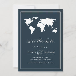 Donkerblauwe Wereldkaart | Elegant Travel Theme We Save The Date