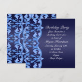 Donkerblauwe werveling Damask Verjaardag Uitnodigi Kaart (Voorkant / Achterkant)