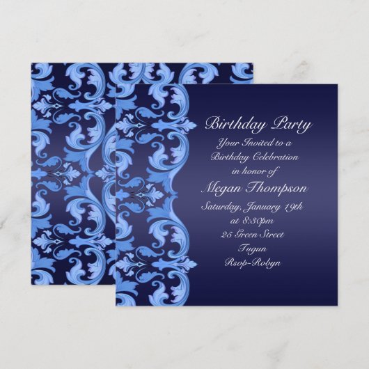 Donkerblauwe werveling Damask Verjaardag Uitnodigi Kaart (Voorkant / Achterkant)