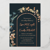 Donkerblauwe winterbruiloft Elegant Floral Arch Folie Uitnodiging (Voorkant)