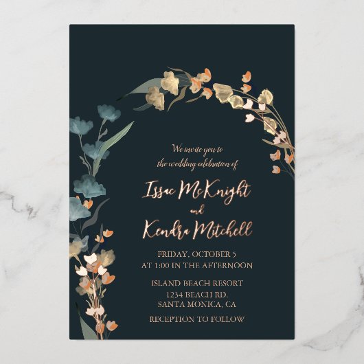 Donkerblauwe winterbruiloft Elegant Roos Gold Folie Uitnodiging (Voorkant)