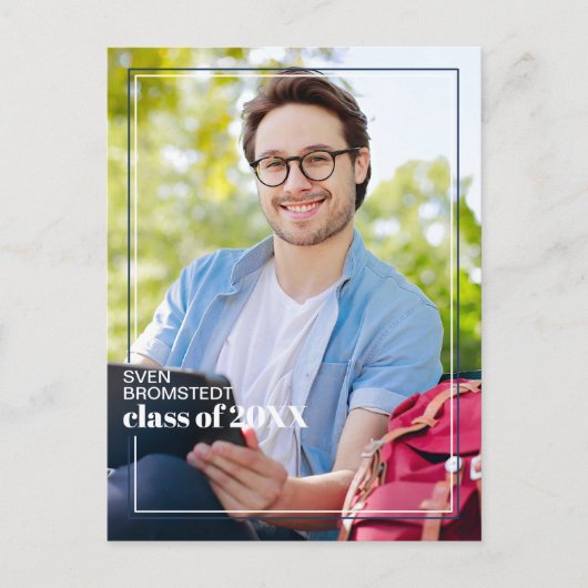 Donkerblauwe witte minimalistische aankondiging va briefkaart (Voorkant)