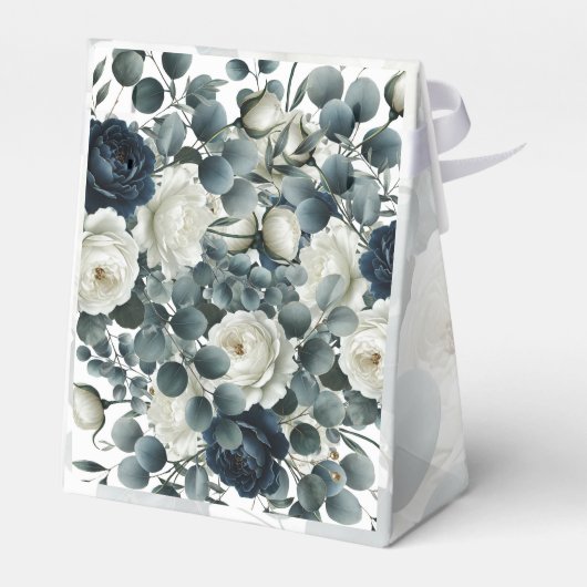 Donkerblauwe & Witte Moderne Bloemige Groene Huwel Bedankdoosjes (Achterkant)