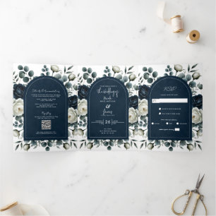 Donkerblauwe & Witte Moderne Bloemige Groene Huwel Drieluik Uitnodiging