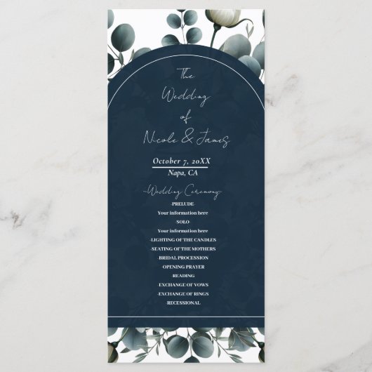 Donkerblauwe & Witte Moderne Bloemige Groene Huwel Programmakaart (Voorkant)