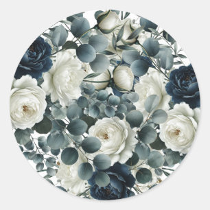 Donkerblauwe & Witte Moderne Bloemige Groene Huwel Ronde Sticker
