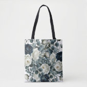 Donkerblauwe & Witte Moderne Bloemige Groene Huwel Tote Bag (Voorkant)