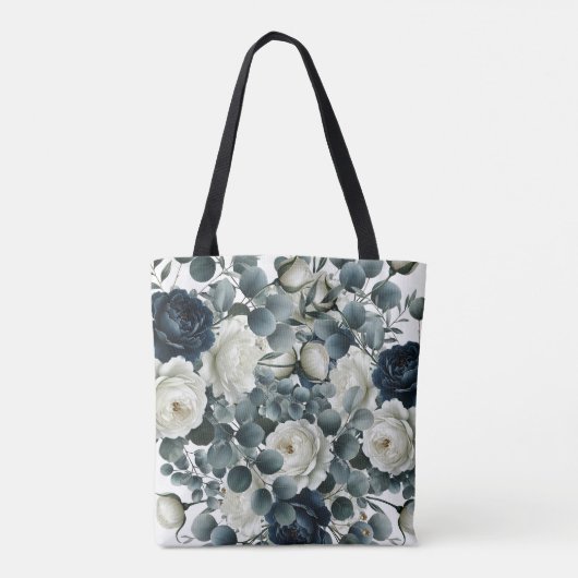 Donkerblauwe & Witte Moderne Bloemige Groene Huwel Tote Bag (Achterkant)