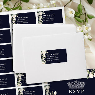 Donkerblauwe witte rozen RSVP-envelopadres Etiket
