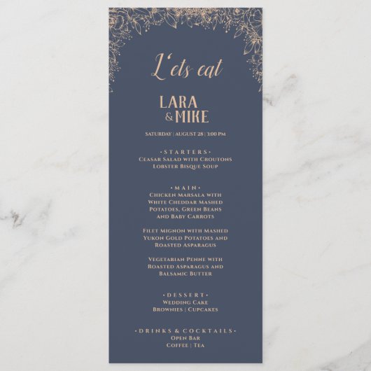 Donkerblauwe zachte bruiloft menu (Voorkant)