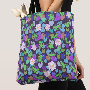 Donkerblauwe Zakelijke Kikker Kunst En Waterlelies Tote Bag