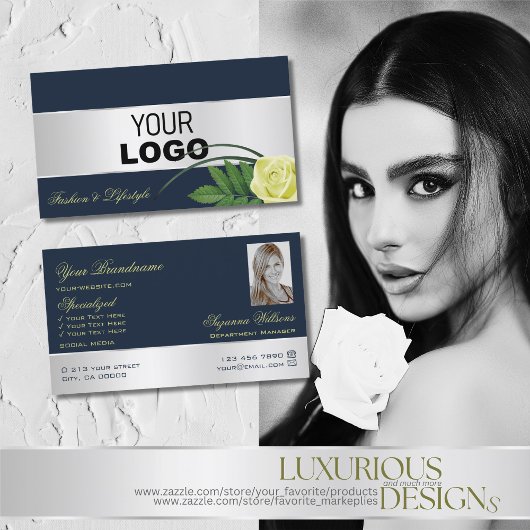 Donkerblauwe zilver Roos ventilator Logo en foto Visitekaartje