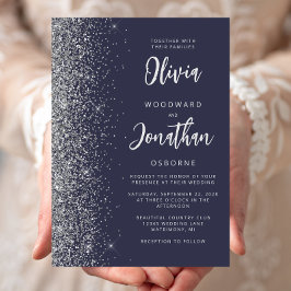 Donkerblauwe Zilveren Glitter Calligraphy Bruiloft Kaart
