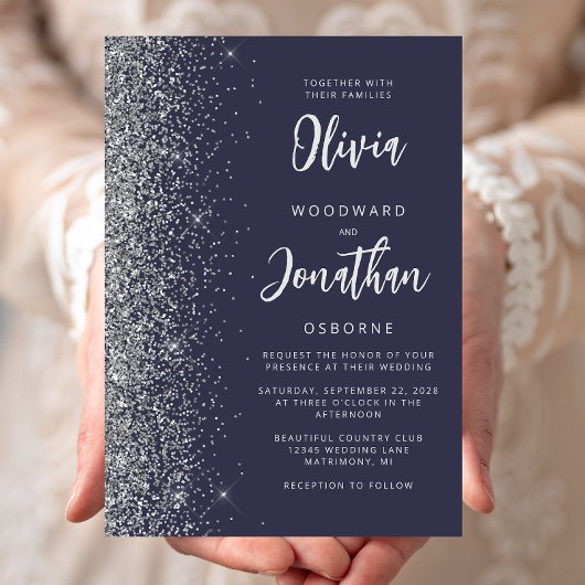 Donkerblauwe Zilveren Glitter Calligraphy Bruiloft Kaart