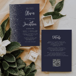 Donkerblauwe Zilveren Glitter QR Code Trouw Kaart