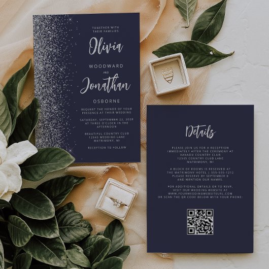 Donkerblauwe Zilveren Glitter QR Code Trouw Kaart