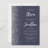 Donkerblauwe Zilveren Glitter QR Code Trouw Kaart (Voorkant)