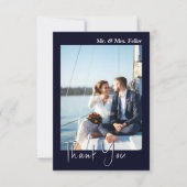 Donkerblauwe zwarte foto bruiloft bedankkaart (Voorkant)