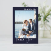 Donkerblauwe zwarte foto bruiloft bedankkaart (Staand voorkant)