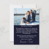 Donkerblauwe zwarte foto bruiloft bedankkaart (Achterkant)