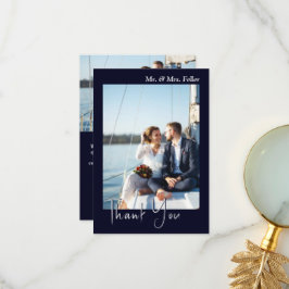 Donkerblauwe zwarte foto bruiloft bedankkaart