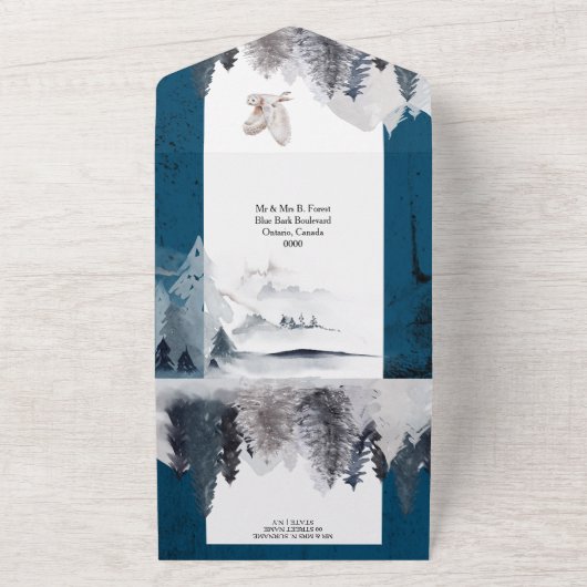 Donkerblauwgrijze winteruil blad berg sneeuw all in one uitnodiging (Buitenkant)