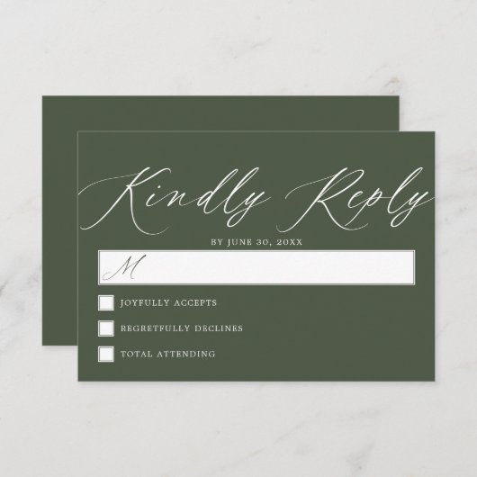 Donkerbos Groen | Eenvoudig Elegant Script bruilof RSVP Kaartje (Voorkant / Achterkant)