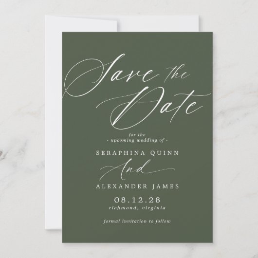 Donkerbos Groen Mos | Eenvoudig Elegant Script Save The Date (Voorkant)