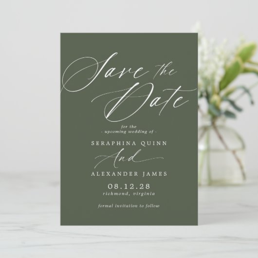 Donkerbos Groen Mos | Eenvoudig Elegant Script Save The Date (Staand voorkant)