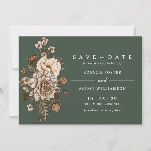 Donkerbos Groen Mos | Elegante bloementuin Save The Date (Voorkant)