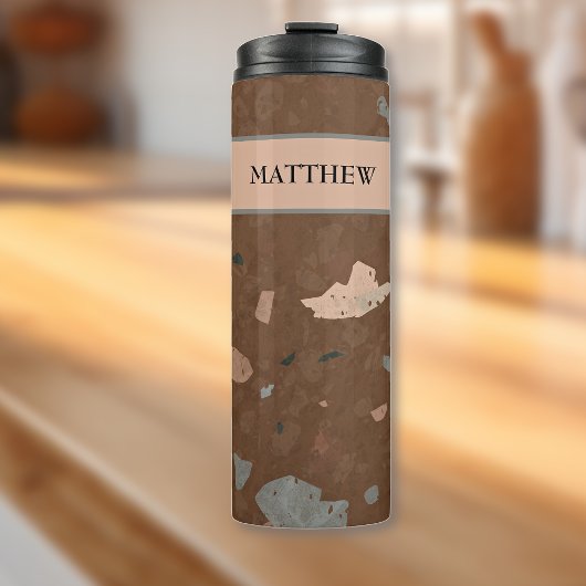 Donkerbruin & Aardetonen Terrazzo Patroon 12oz Thermosbeker