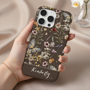 Donkerbruin Aquarel Wilde Bloemen Patroon Naam iPhone 15 Pro Case