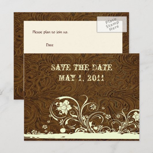Donkerbruin bewerkt leer Save the Date Aankondigingskaart (Voorkant / Achterkant)