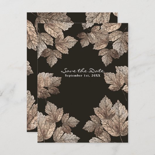Donkerbruin & Bronzen bladeren rustiek Save the Da Aankondigingskaart (Voorkant / Achterkant)