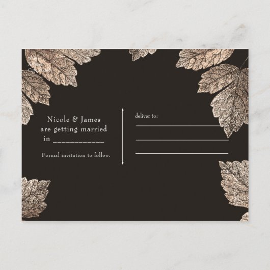 Donkerbruin & Bronzen bladeren rustiek Save the Da Aankondigingskaart (Achterkant)