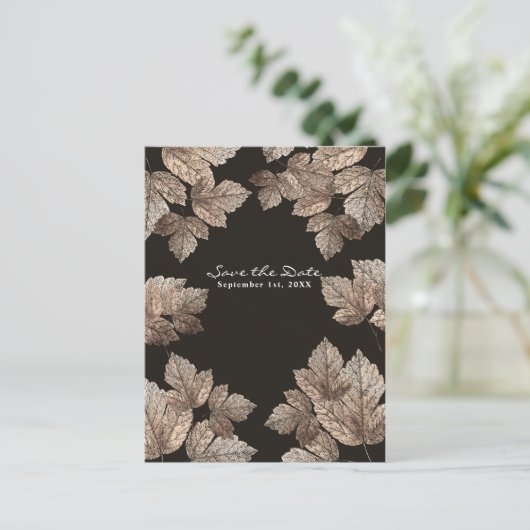 Donkerbruin & Bronzen bladeren rustiek Save the Da Aankondigingskaart (Staand voorkant)