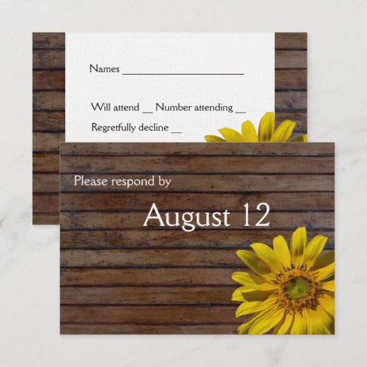 Donkerbruin hout zonnebloem met enveloppe RSVP kaartje (Voorkant / Achterkant)