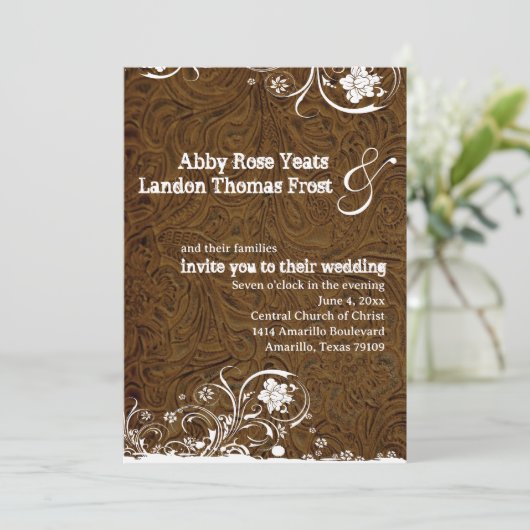 Donkerbruin leren kant bruiloft uitnodiging (Staand voorkant)