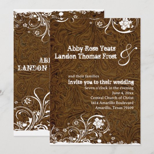 Donkerbruin leren kant bruiloft uitnodiging (Voorkant / Achterkant)