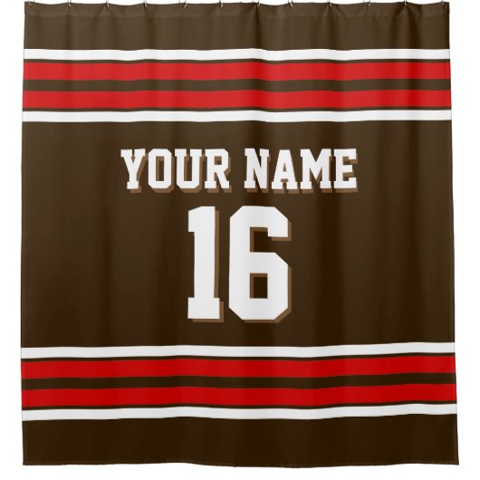 Donkerbruin met rode witte strepen Sport Jersey Douchegordijn (Voorkant)