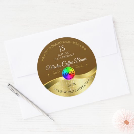 Donkerbruin Wavy Gold Logo Monogram Productlabel Ronde Sticker (Envelop)