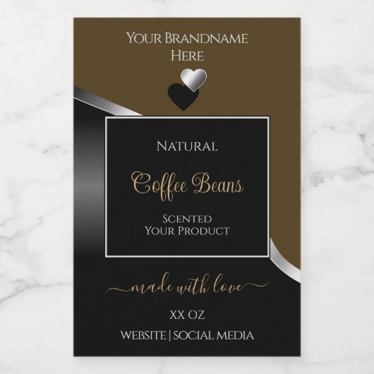 Donkerbruin Zwart Wavy Silver Hearts Product Label Voedselcontainer Etiket (Enkel label)