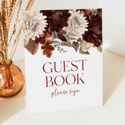 Donkerbruine Bourgogne Bloemen Guest Book Party Reclamebord Met Voetstuk