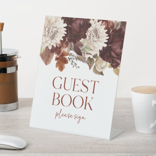 Donkerbruine Bourgogne Bloemen Guest Book Party Reclamebord Met Voetstuk (Insitu)