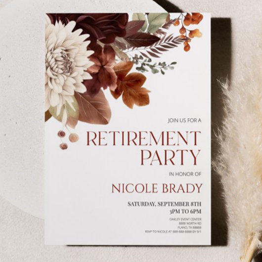 Donkerbruine Bourgogne Bloemen Retirement Party Kaart