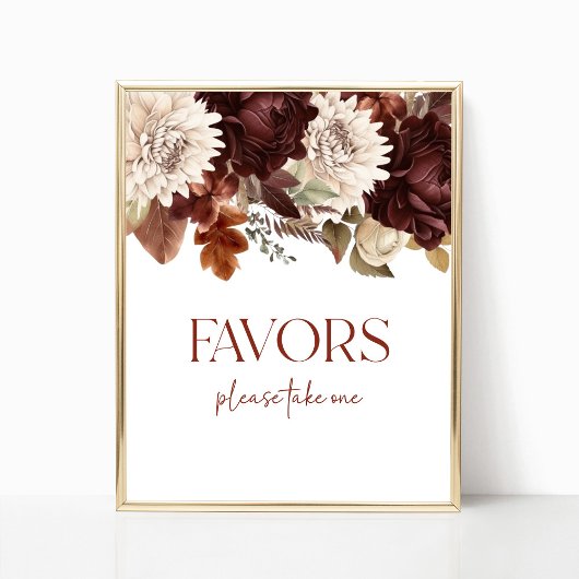 Donkerbruine Bourgogne Floral Party Favors Sign Poster
